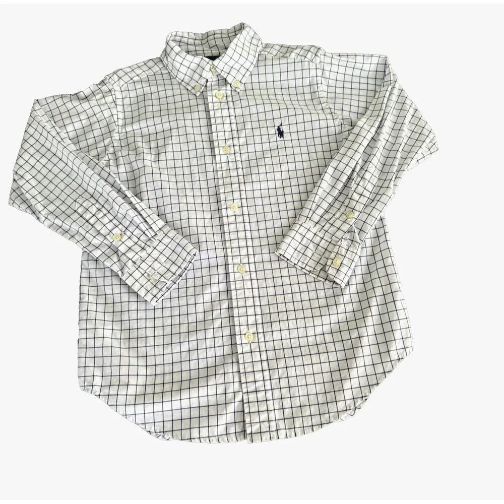 Polo Ralph Lauren Boys 6 Blue Checked Button Down Long Sleeve Dress Shirt Cotton